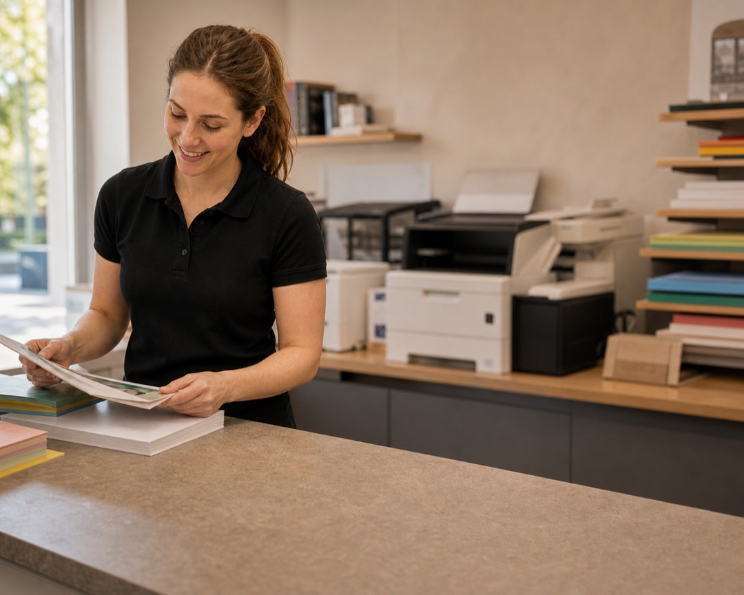 Inhaberin eines Copyshops sortiert an der Theke Papiermuster, im Hintergrund Drucker und Papierstapel