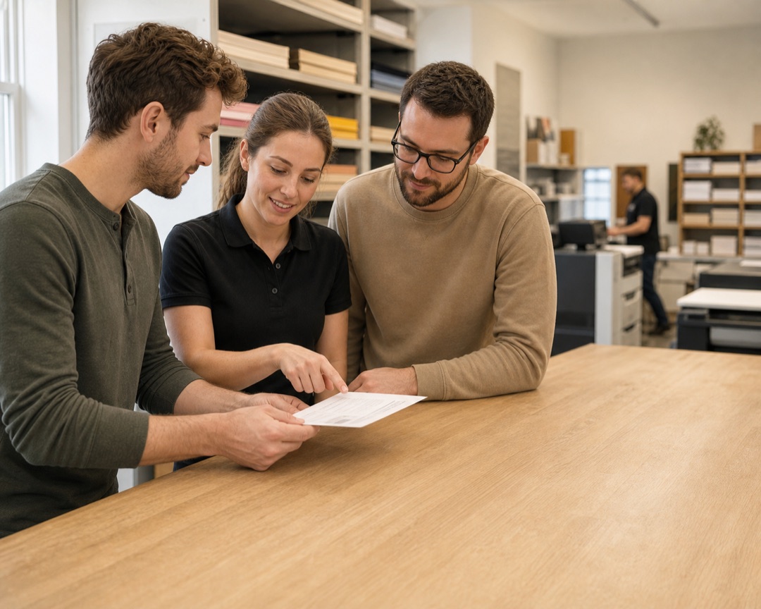 Drei Copyshop-Mitarbeitende besprechen gemeinsam einen Druckauftrag an einem Tisch, im Hintergrund eine weitere Person an den Druckern